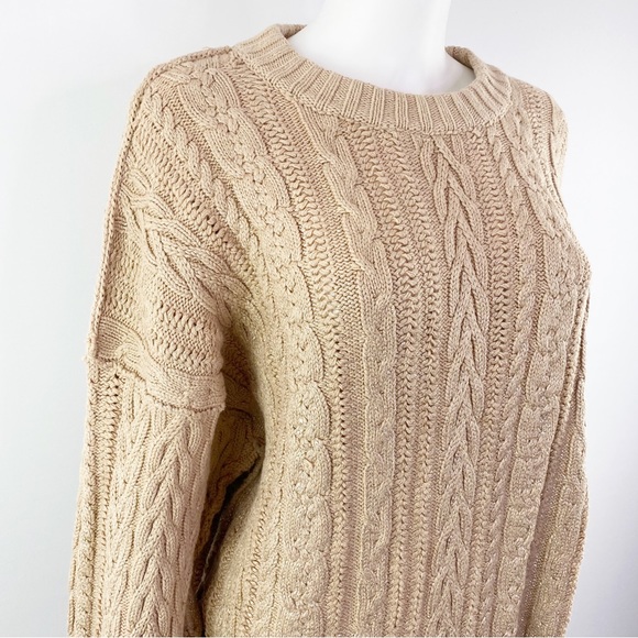 Free People Size M Beige Gold Coated Cable-knit Tunic Length Sweater - Picture 4 of 8